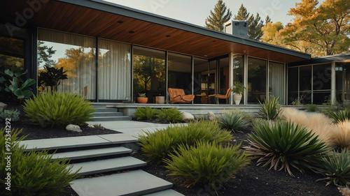 Mid century modern home with large windows and minimalist landscaping