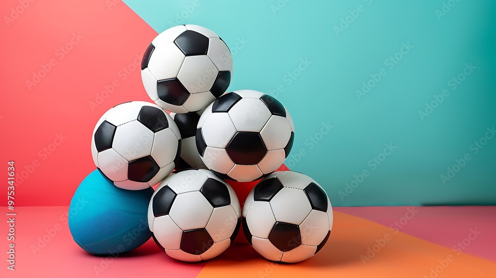 Stack of soccer balls isolated on colorful background Stack of soccer balls isolated on colorful background