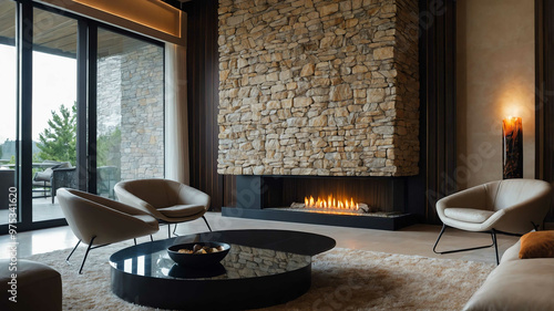 Modern gas fireplace embedded in a polished stone wall in a luxury living room