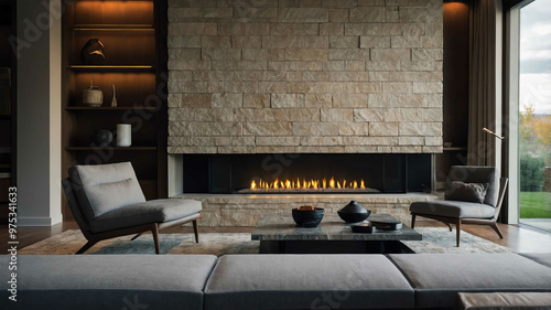 Modern gas fireplace set in a sleek stone wall in a luxury home