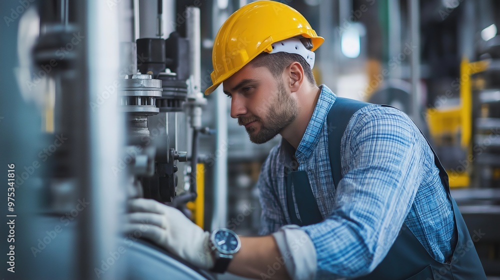 An engineer wearing a uniform and helmet uses artificial intelligence technology to monitor equipment in green energy factory facilities An engineer wearing a uniform and helmet uses artificial intelligence technology to monitor equipment in green energy factory facilities