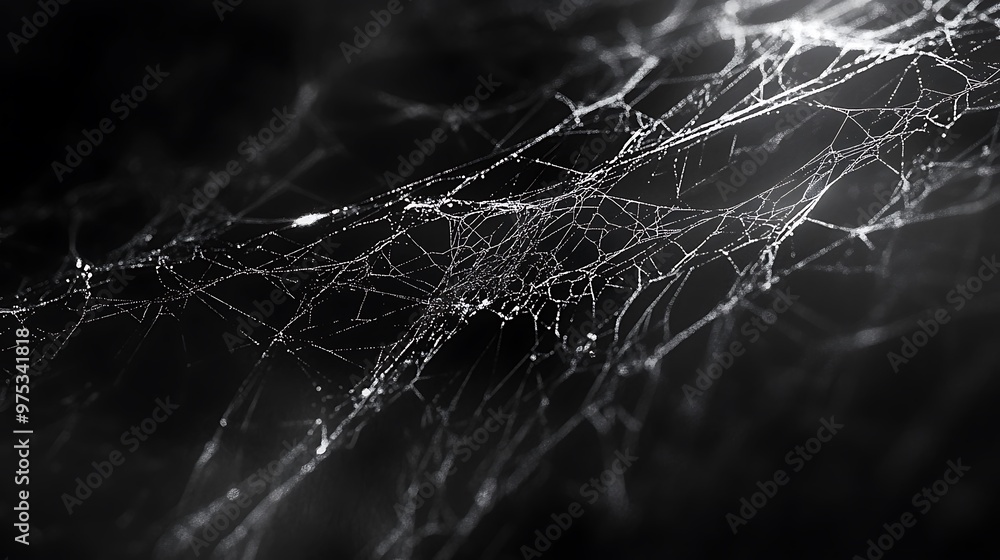 A spider web with dewdrops hanging on it against a dark background. A spider web with dewdrops hanging on it against a dark background.