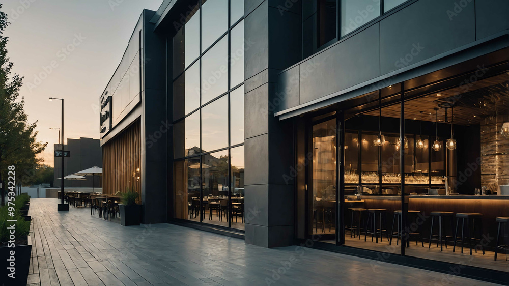 Modern restaurant facade with clean lines and large glass windows Modern restaurant facade with clean lines and large glass windows