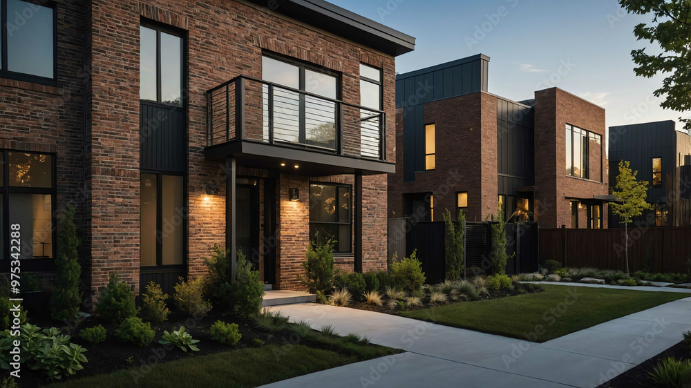 Obraz premium Modern suburban townhouse with brick and metal accents