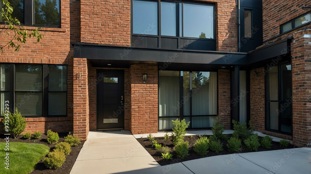 Modern suburban townhouse with brick and metal accents