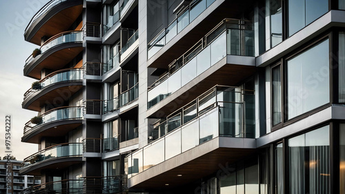 Modern residential building with large balconies and metal accents