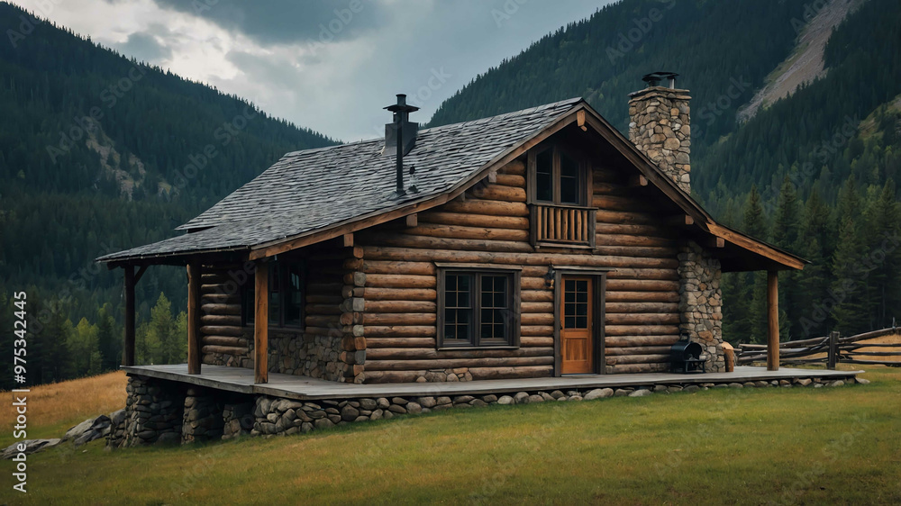Mountain cabin with a rustic wooden facade and a stone chimney Mountain cabin with a rustic wooden facade and a stone chimney