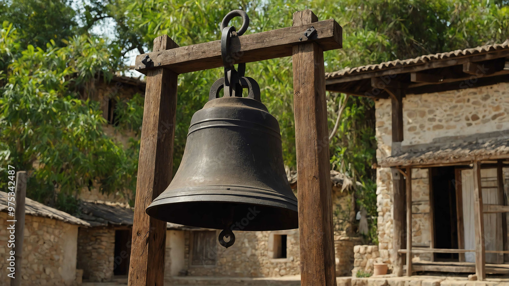 Fototapeta premium Old iron bell hanging from a wooden frame in a village square
