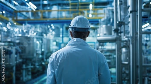 An engineer wearing a uniform and helmet uses artificial intelligence technology to monitor equipment in green energy factory facilities