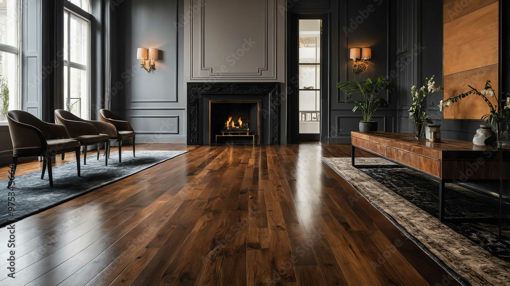 Fototapeta premium Polished wooden floors with a modern area rug in a luxury dining room