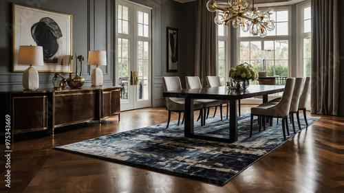 Polished wooden floors with a modern area rug in a luxury dining room