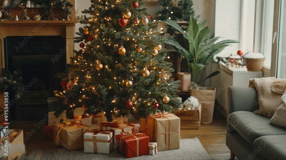 Obraz premium Decorated Christmas tree with presents under it in a cozy living room.