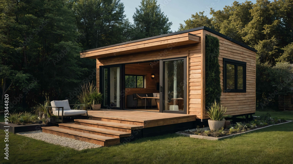 Fototapeta premium Tiny house with a minimalist wooden facade and a small garden