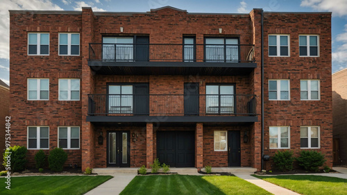 Suburban duplex with brick walls and symmetrical balconies
