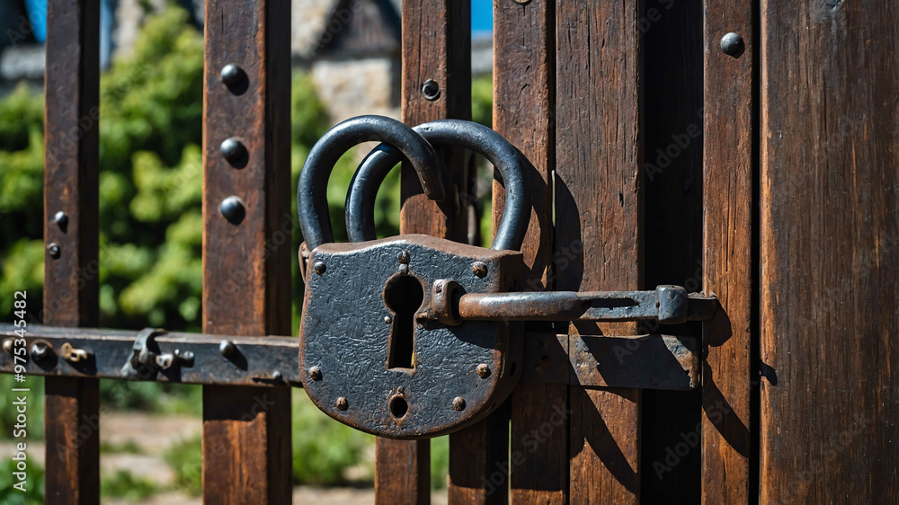 Worn iron lock hanging from a wooden gate in a castle courtyard Worn iron lock hanging from a wooden gate in a castle courtyard