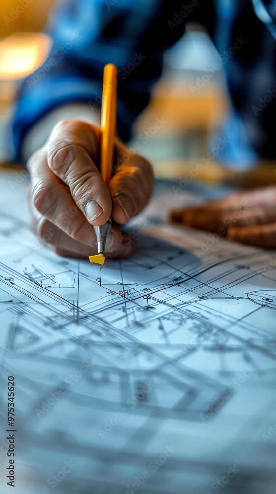 Closeup of an engineer designing a blueprint, intricate lines, macro shot Closeup of an engineer designing a blueprint, intricate lines, macro shot