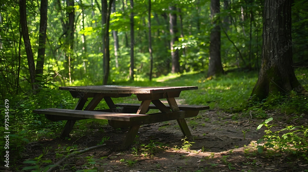 Table and bench for relaxing in the woods at a summer day Table and bench for relaxing in the woods at a summer day