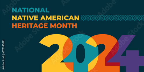 Native american heritage month 2024 greeting. Vector banner, poster, card, content for social media with text Native american heritage month, november. Blue background with native tribal pattern.