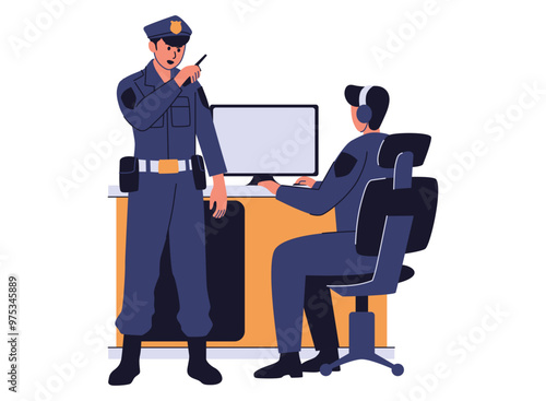 A flat illustration of a police officer in an office, surrounded by various office supplies. The officer appears to be working on a case