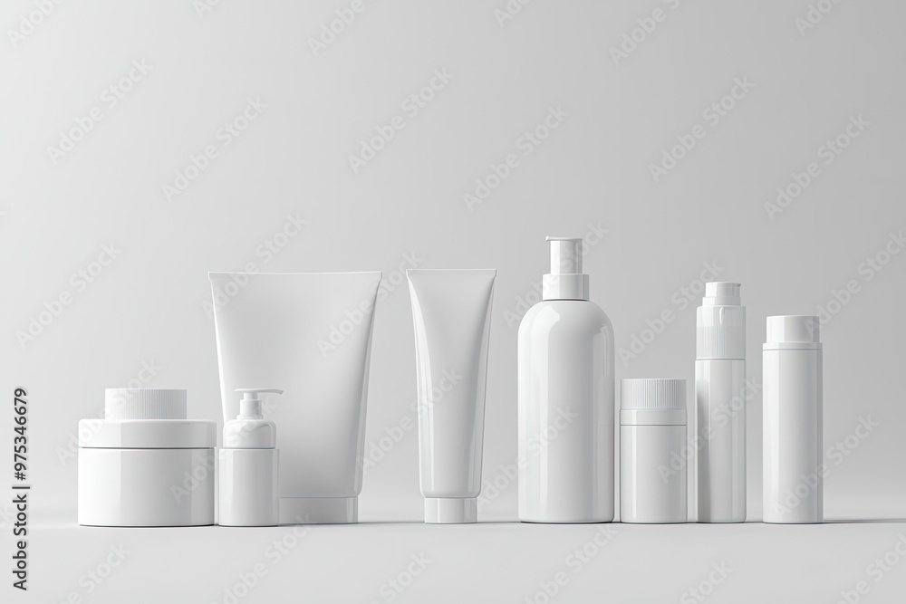 A collection of white plastic bottles and jars for beauty products A collection of white plastic bottles and jars for beauty products