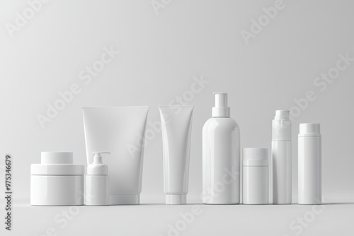 A collection of white plastic bottles and jars for beauty products