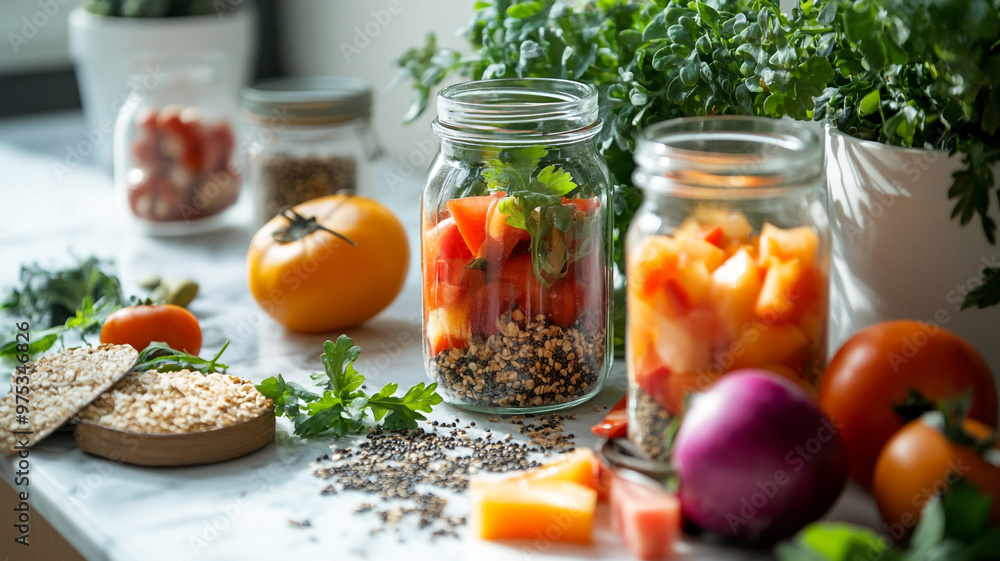 Fresh vegetables and grains display on a kitchen counter celebrating World Vegetarian Day Fresh vegetables and grains display on a kitchen counter celebrating World Vegetarian Day