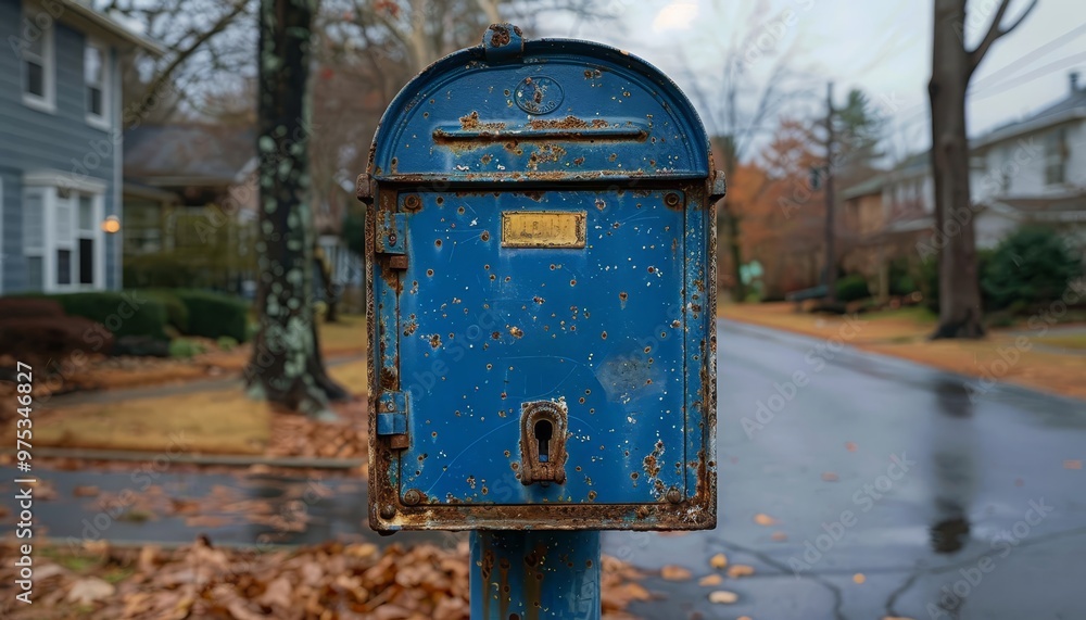 A minimalist image of a classic blue mailbox on a suburban street