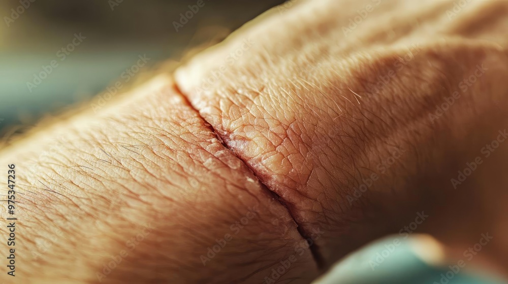 Fototapeta premium Close-up view of a scar on a human arm, showing the texture of the skin and the healing process of a previous injury.