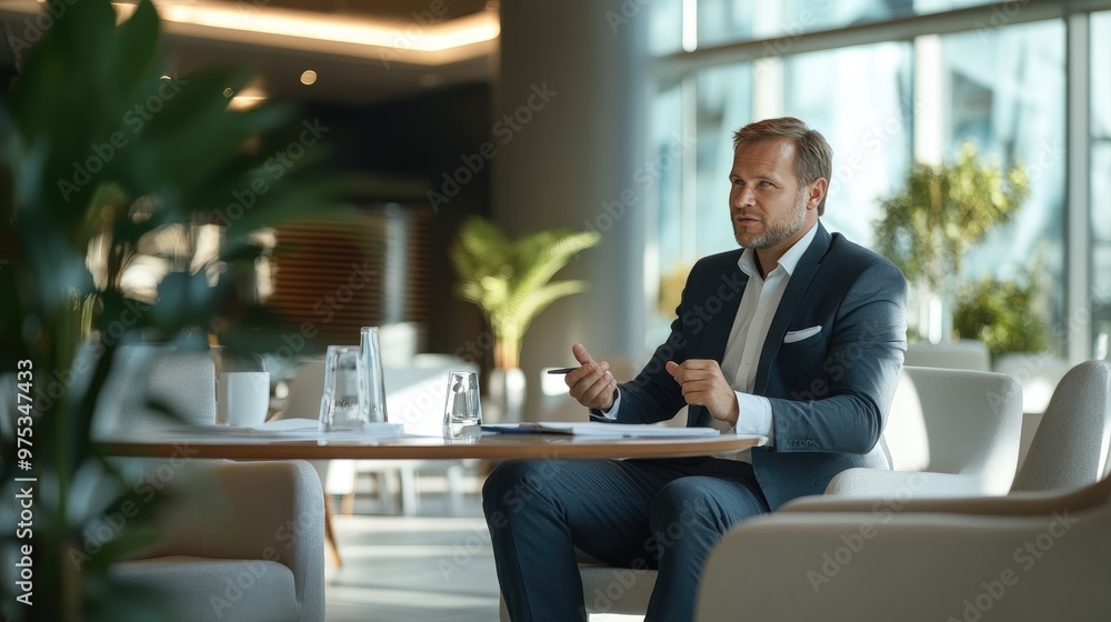 Well-dressed businessman in a sharp suit, conducting an interview in an elegant corporate meeting room with modern furnishings Well-dressed businessman in a sharp suit, conducting an interview in an elegant corporate meeting room with modern furnishings