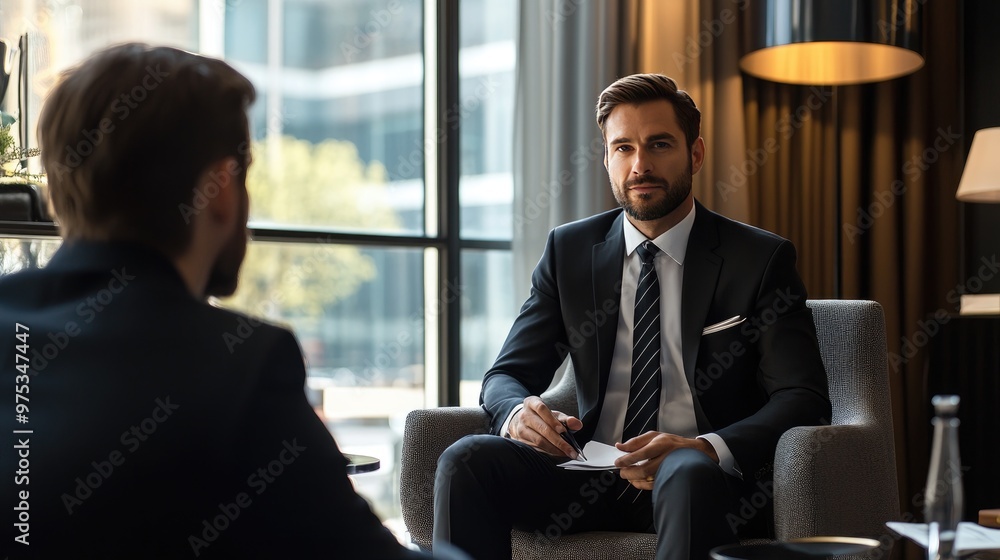 Well-dressed businessman in a sharp suit, engaging in a formal interview meeting, seated in a professional room with sleek decor Well-dressed businessman in a sharp suit, engaging in a formal interview meeting, seated in a professional room with sleek decor