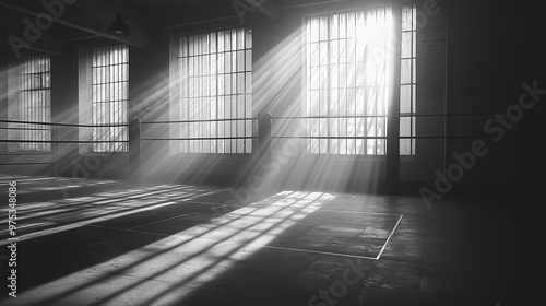 A photo of an empty boxing ring in a minimalist gym, with clean white walls and soft natural light streaming in from floor-to-ceiling windows