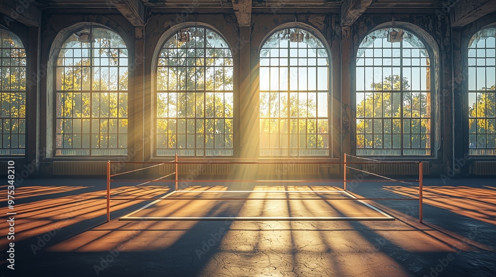 A photo of an empty boxing ring in a quiet gym with tall, arched windows, sunlight streaming in and casting long, soft shadows on the canvas A photo of an empty boxing ring in a quiet gym with tall, arched windows, sunlight streaming in and casting long, soft shadows on the canvas