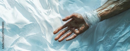 A close-up of a hand wrapped in bandages, resting on soft white fabric, evoking feelings of vulnerability and healing. photo