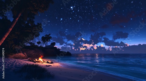 Mesmerizing Tropical Beach Scene with Starry Night Sky and Crackling Campfire