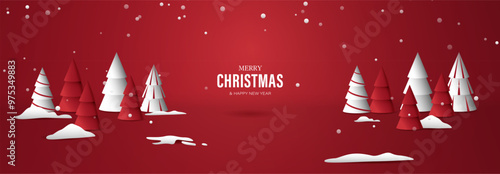 Merry Christmas with Red and White Trees on Snowy Background