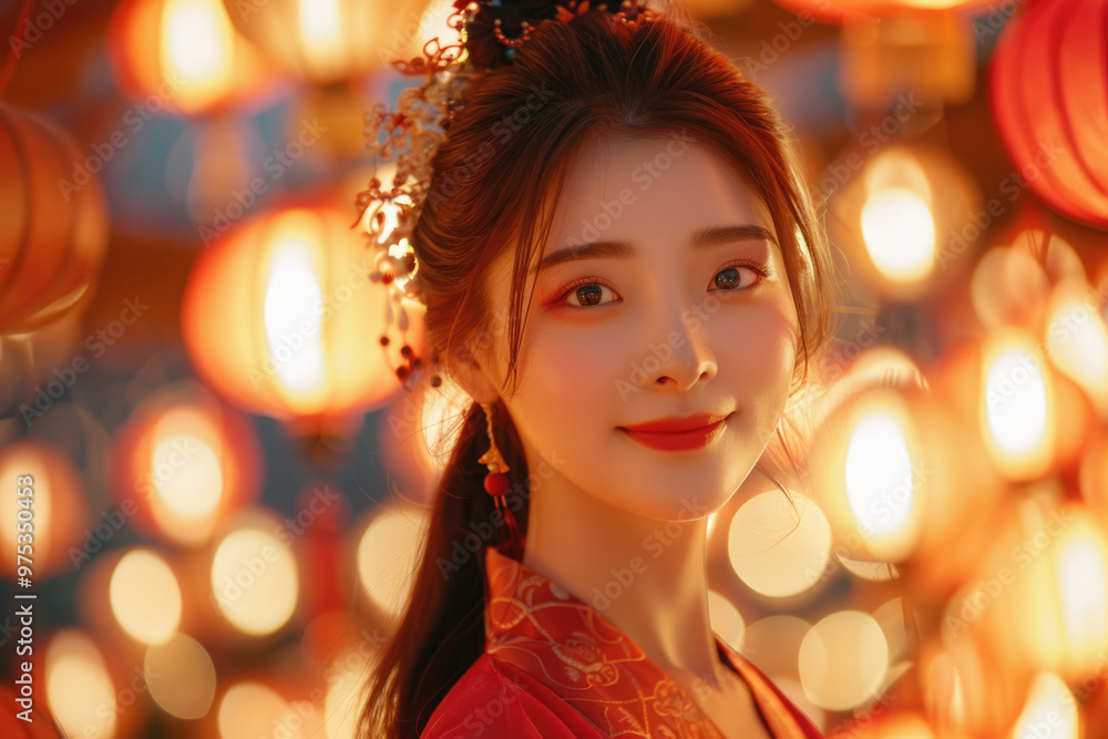 In the evening, Chinese New Year, young women on the streets In the evening, Chinese New Year, young women on the streets