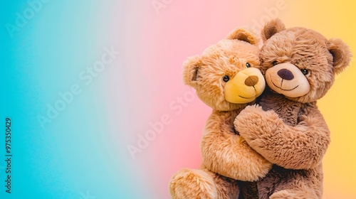 Teddy bear hug isolated on colorful background photo