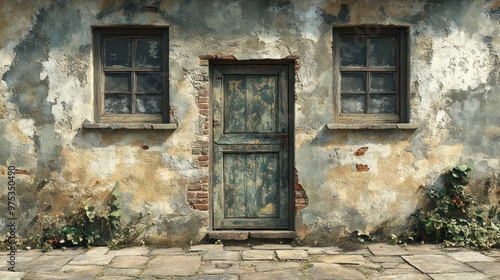 A weathered door and windows on an aged wall with plants.