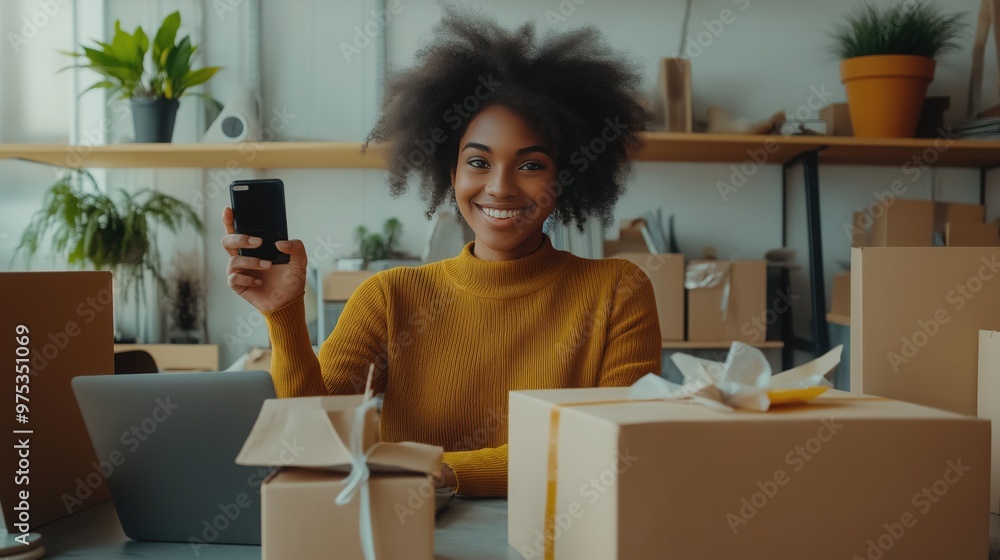 black woman work online selling with laptop and smartphone black woman work online selling with laptop and smartphone