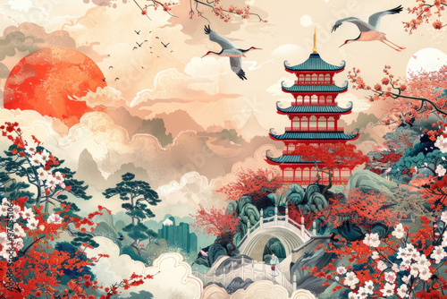 Chinese landscape painting, pagodas and mountains