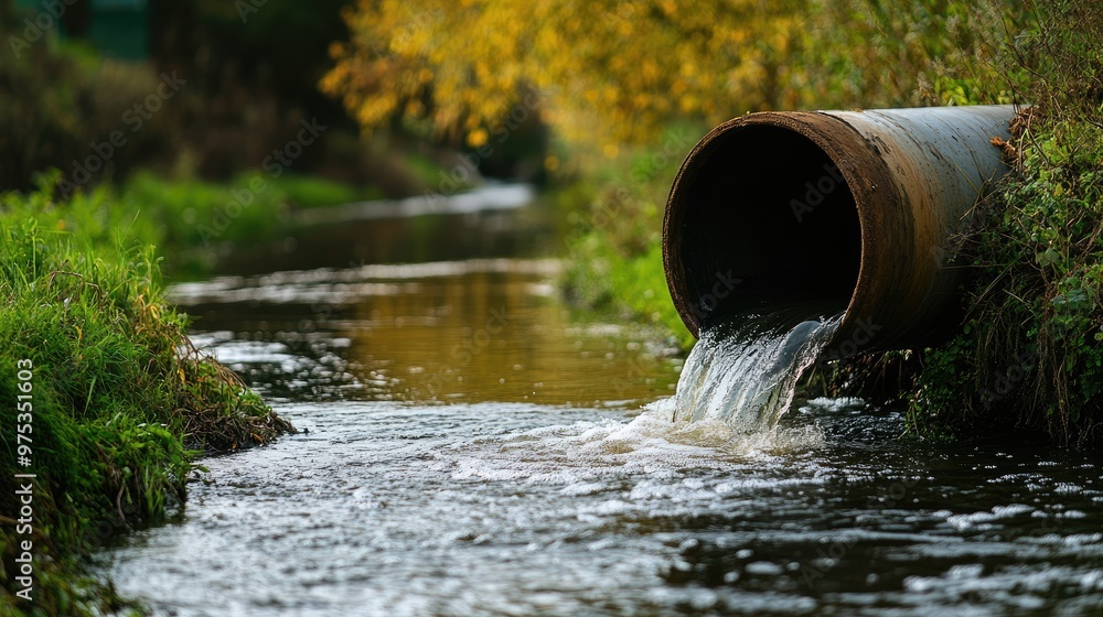 A large sewage pipe leaking wastewater into a river, illustrating pollution and the environmental damage caused by industrial activities. A large sewage pipe leaking wastewater into a river, illustrating pollution and the environmental damage caused by industrial activities.
