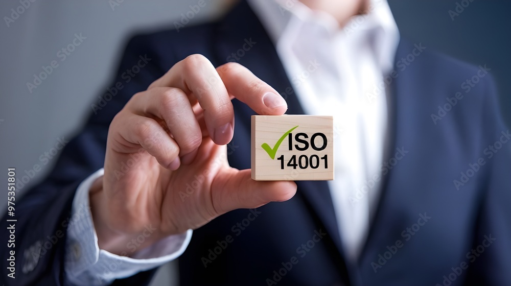 A businessman holding a small wooden block with a green checkmark and 'ISO 14001' written on it. ISO 14001 certified, iso 14001 environmental management system A businessman holding a small wooden block with a green checkmark and 'ISO 14001' written on it. ISO 14001 certified, iso 14001 environmental management system