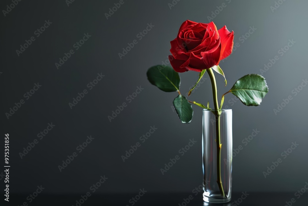 Fototapeta premium A minimalist image of a single red rose in a thin glass vase on a black table