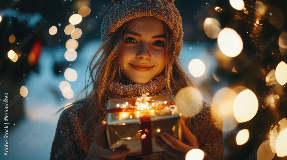 A young woman in a winter hat smiles and holds a gift box with glowing lights in front of a Christmas tree. A young woman in a winter hat smiles and holds a gift box with glowing lights in front of a Christmas tree.