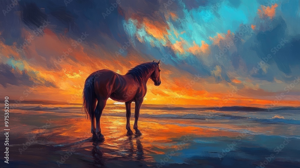 A beautiful brown horse standing on a windswept beach, with a colorful sunset of blues and oranges painting the sky above. A beautiful brown horse standing on a windswept beach, with a colorful sunset of blues and oranges painting the sky above.