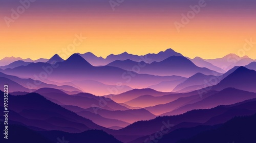 A beautiful vector landscape of mountains at sunset, with rich hues of purple and orange blending into the sky.