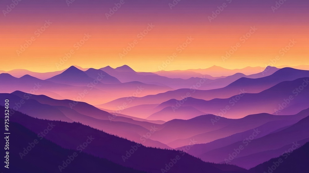 A beautiful vector landscape of mountains at sunset, with rich hues of purple and orange blending into the sky. A beautiful vector landscape of mountains at sunset, with rich hues of purple and orange blending into the sky.