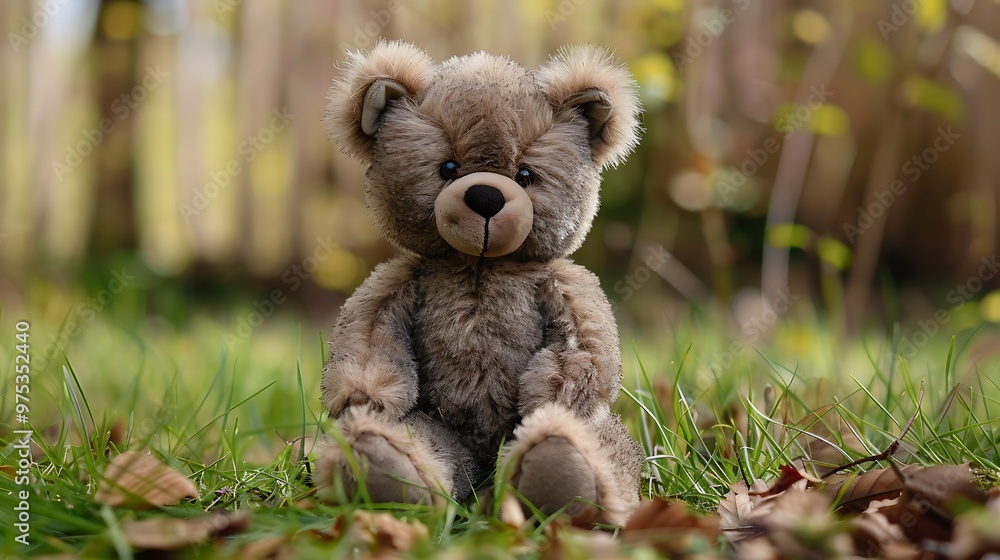 Teddy bear made by natural mink sitting on a grass Teddy bear made by natural mink sitting on a grass