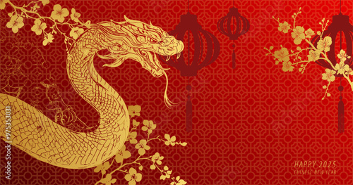 Chinese new year background with free copy space. Snake's shio in gold and red 2025 lunar new year.