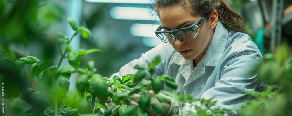 Environmental scientist studying plant growth in a greenhouse, vibrant plants, midshot
